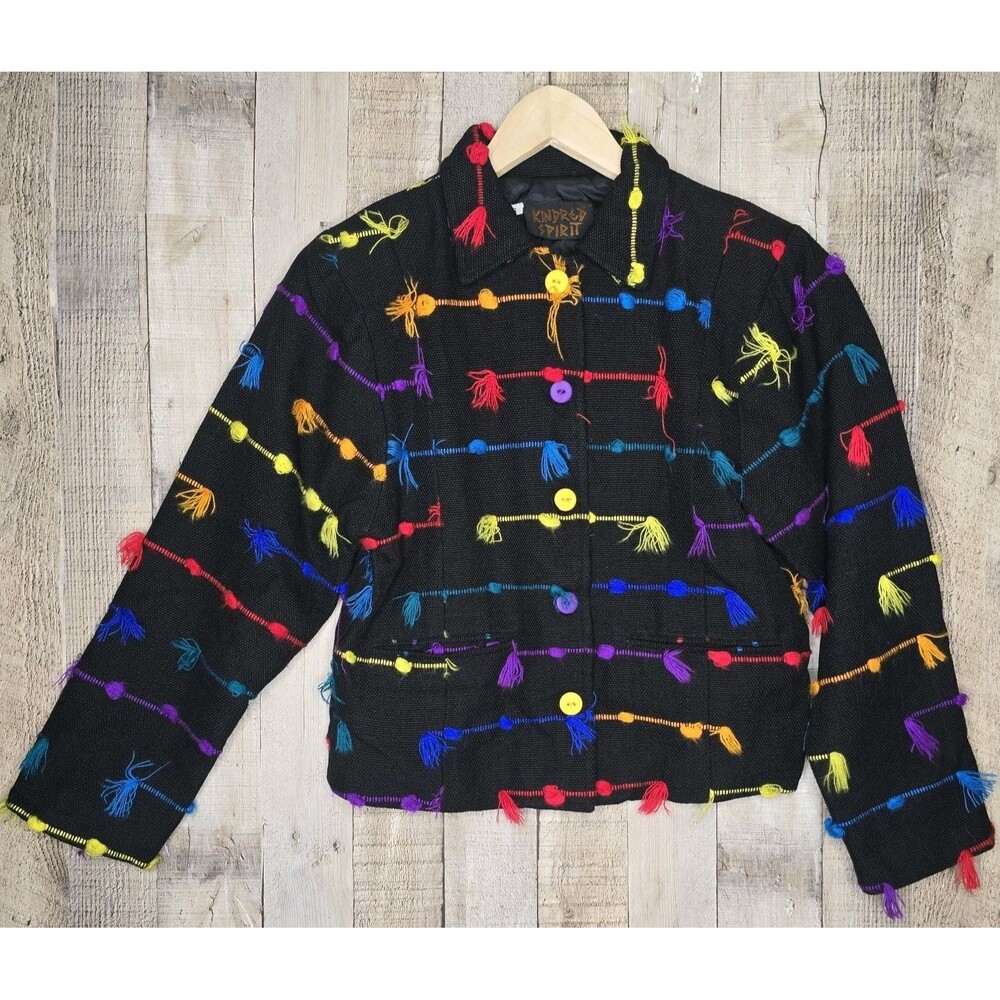 Vintage Kindred Spirit Jacket Size Small Black Multicolor Fringe Button 80s 90s